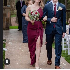 Long one shoulder Vera wang bridesmaid ruffle wine